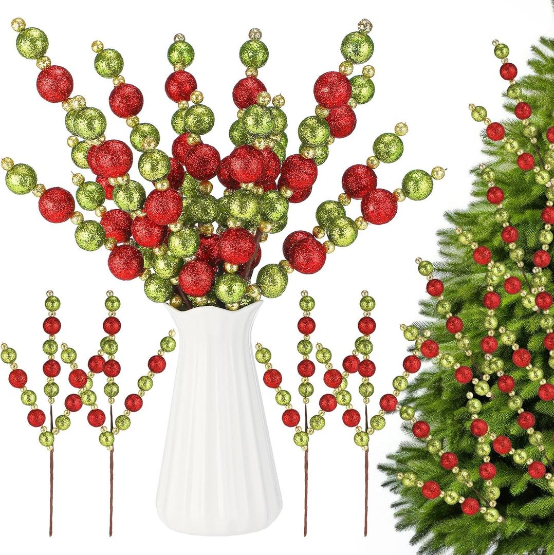 6 Pcs Christmas Tree Floral Pick and Spray 15.7 Inch Red Lime Green Gold Stems Glitter Foam Ball with Shapeable Branches Xmas Ornament for Vase Tree Topper Wreath Garland Holiday Party
