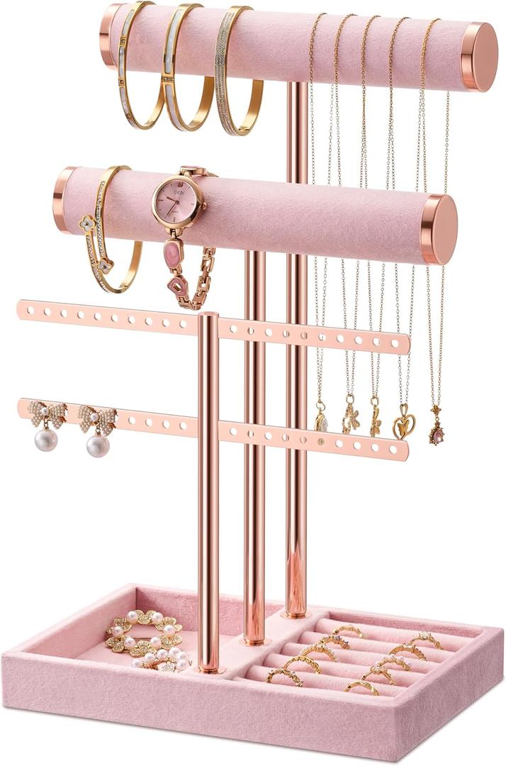 3 Tier Bracelet Holder Display - Detachable T Bar Pink Velvet Bracelet Holder, Jewelry Holder Organizer for Bracelet, Necklace, Earrings, Rings