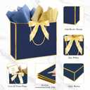Addblu 12 Pack Large Navy Blue Gift Bags with Handles, 12.6x10x4'' Includes 36 Tissue Papers, Bow Ribbon & Cards for Wedding, Birthday, Bridesmaid, Groomsmen, Valentine's Day, Easter (Navy Blue and Gold, 12pcs)