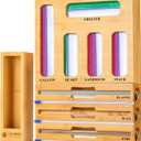 Calmbee 9 IN 1 Storage Bag Organizer for Kitchen Drawer, Bamboo Foil and Plastic Wrap with Cutter, Organizers Compatible Gallon, Quart, Sandwich Snack Size (Natural)