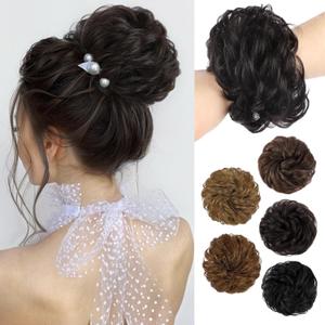 HMD 100% Human Hair Bun Messy Bun Extensions Messy Rose Bun Hair Piece Curly Hair Bun with Elastic Band Bun Extensions Tousled Updo Hairpieces for Women(Brown Black)