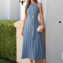 Simplee Women's 2026 Summer Floral Maxi Dress Sleeveless Elegant Tie Waist Casual Cocktail Party Wedding Guest Long Dresses (Blue, XL)