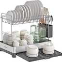 SONGMICS 2-Tier Small Dish Drying Rack, Expandable Dish Dryer for Kitchen Counter, Stainless Steel Dish Rack with Utensil Holder, Rustproof, for Dishes, Knives, Spoons, Forks, Silver Gray UKCS036G01
