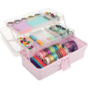 14 Plastic Tackle Box Organizer - 3-Layer Portable Sewing Box, Art Caddy, Craft Storage, First Aid Medicine Utility Toolbox or Hair Accessories Organizer with Latch and Handle by Stalwart (Pink)