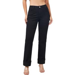 roswear Womens Straight Leg Jeans High Waisted Boyfriend Stretchy Cuffed Denim Pants (Large, Black)