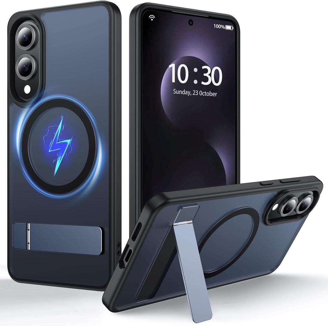 FNDMIL for Samsung Galaxy S25 Edge Case with MagSafe [Invisible Kickstand] [Charge While Standing] [Military Shockproof] Translucent Matte Soft Silicone Bumper for S25 Edge Phone Case Slim, Black