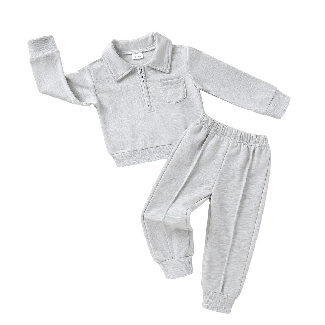 HAPPYMA Toddler Clothes Baby Boy Girl Fall Polo Long Sleeve Top and Solid Casual Pants Winter Outfits (Grey, 5-6X) (Gray)