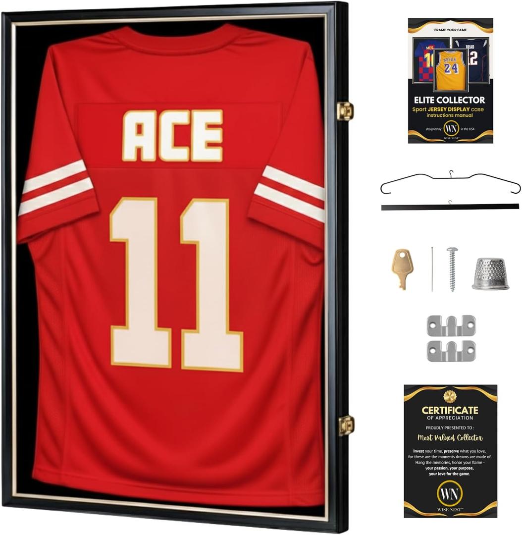 Premium Sport Jersey Frame, Black and Gold Wooden Display Case, 98% UV Protected Acrylic Shadow Box, Shirt Frame Wall Display for Basketball, Football, Baseball, for Men