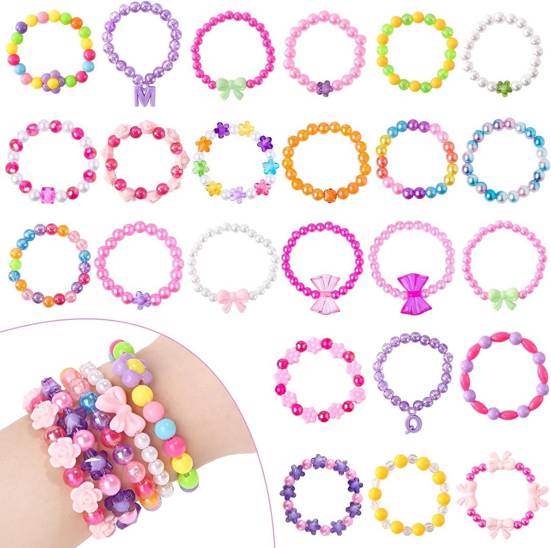 SpringFlower 24 Pcs Kids Bracelets for Girls, Colorful Beaded Bracelet, Toddler Bracelets, Party Favor for Kids, Party Favors Supplies, Easter Christmas Birthday Gift for Toddler Girls