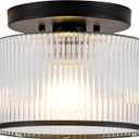 Zlepmlla Glass Ceiling Light, Clear Ribbed Glass Ceiling Light Fixture with Black Metal Frame, Modern Semi Flush Mount Ceiling Light for Hallway, Bedroom, Bathroom, Entryway, Kitchen