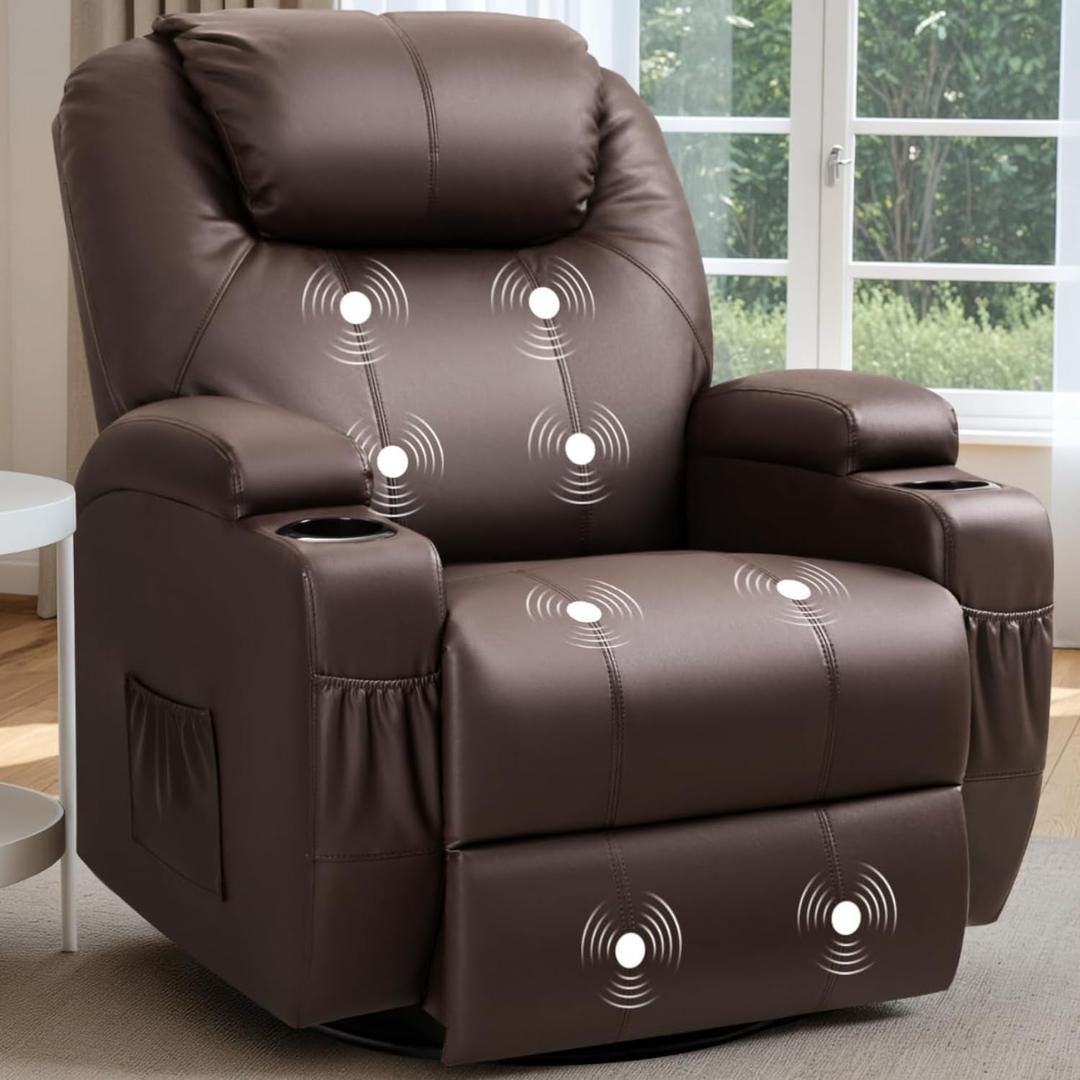 Recliner Chair, 360 Swivel Rocker Chair for Adults, Rocking Recliner Chair with Massage, Comfy Single Sofa with Side Pockets Cup Holders for Living Room, Bedroom, Nursery (Leather, Dark Brown)