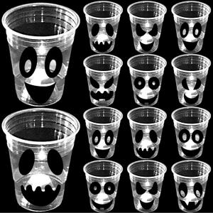 mishunyus 24 Pack Glow Halloween Ghost Cups Party Supplies, for Night Daytime, White Ghosts Face Party Cup, Holiday Spooky Trick or Treat Design (16 oz)