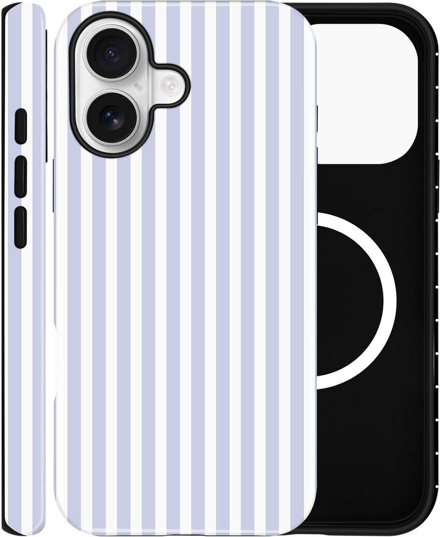 Magnetic Case for iPhone 17 , Compatible with MagSafe, Aesthetic Striped Cute Design for Women, Hybrid 2-Layer Hard Shell Phone Cover, Blue