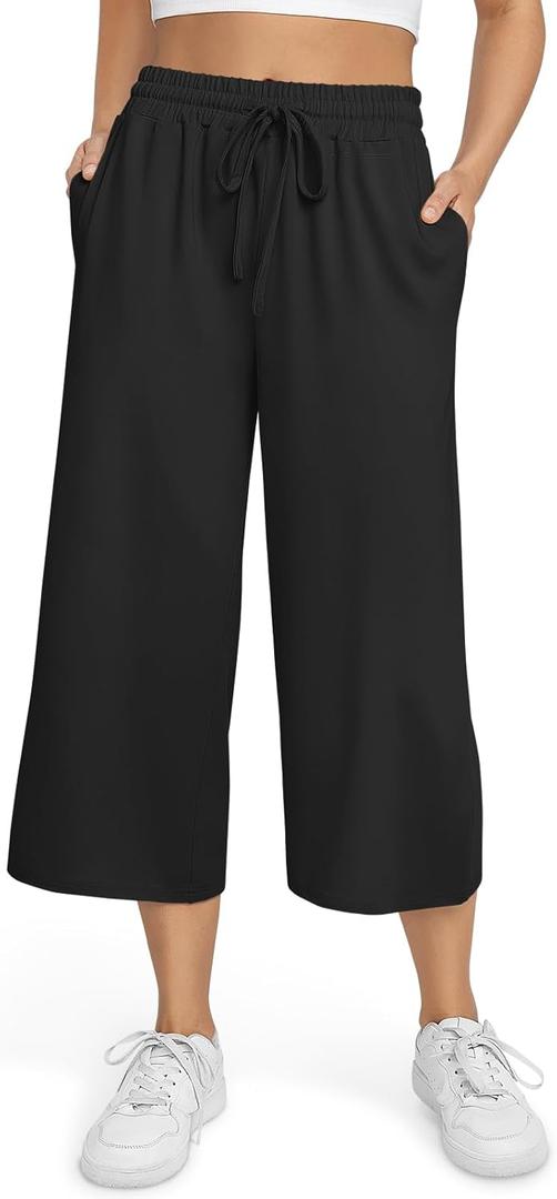 TARSE Women's Summer High Waisted Yoga Capri Pants Plus Size Casual Sport Activewear Capris Sweatpants Loose Fit (Large, Black)