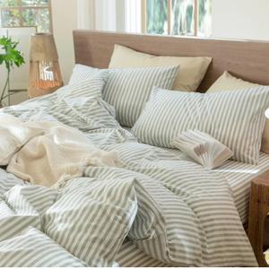MooMee Bedding Pillowcases Striped Pack of 2 And Duvet cover 100% Washed Cotton Linen Like Textured Breathable Durable Soft Comfy (Sage Green White Classic Stripes, Queen)
