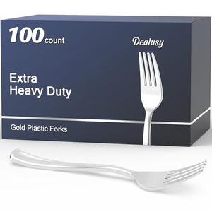 Dealusy 100 Count Heavy Duty Silver Plastic Forks Disposable, BPA-Free, Heat Resistant, Solid and Durable Premium Plastic Disposable Forks for Party Supply