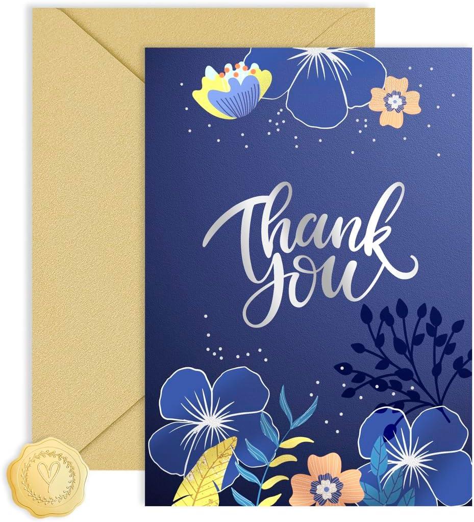 6 x CRTURUNIQ Luxury Navy Blue Thank You Card with Silver Foil - 5x7 Large Blank Note Card with Thick Gold Envelope & Sticker - Premium Heavyweight Cardstock for Wedding, Business, Sympathy & Men