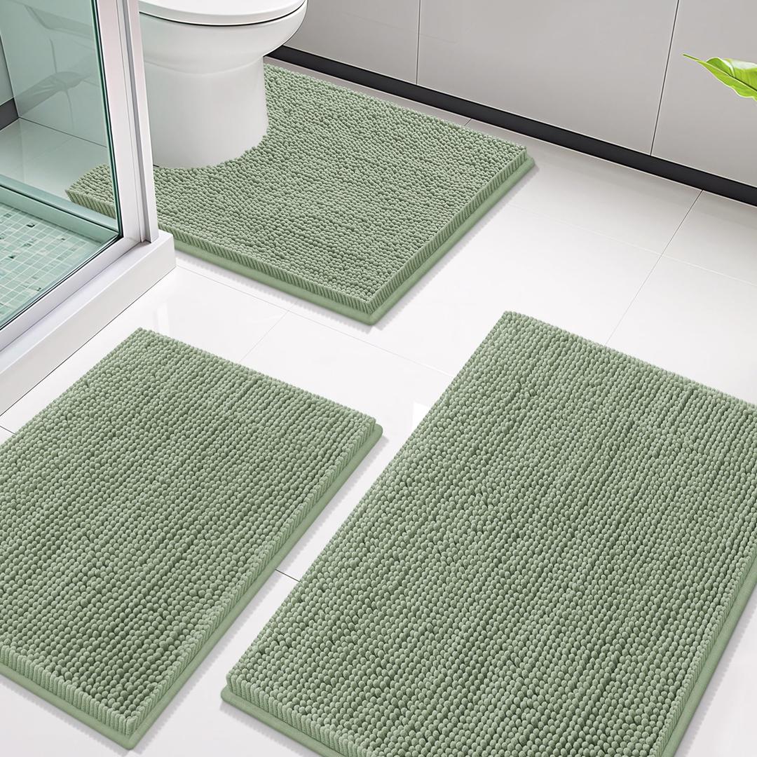 Smiry Bathroom Rugs Sets 3 Piece, Soft Absorbent Chenille Bath Mat and U-Shaped Contour Toilet Rug, Machine Wash Dry Bath Mat Sets for Bathroom Tub and Floor (30"x20"+24"x16"+24"x20", Sage Green)