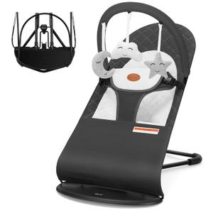 HKAI Baby Bouncer, Portable Baby Bouncer Seat for Babies 0-18 Months, 100% Cotton Fabrics, 3 Modes of use with Rocker and Stationary Options, Infant Rocker Chair with Hanging Toys-Dark Grey HKAI Baby Bouncer, Portable Baby Bouncer Seat for Babies 0-18 Months, 100% Cotton Fabrics, 3 Modes of use with Rocker and Stationary Options, Infant Rocker Chair with Hanging Toys-Dark Grey