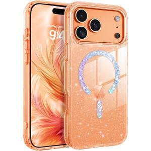 BENTOBEN Magnetic for iPhone 17 Pro Max Case, Clear Crystal Glitter Bling 17 Pro Max Phone Case [Compatible with MagSafe], Shockproof Sparkly Cute Women Girl Cover for iPhone 17 Pro Max, Cosmic Orange