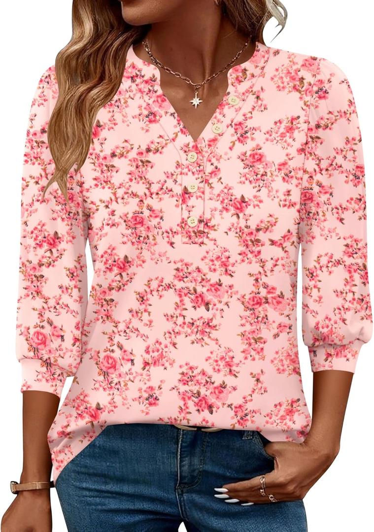 Rapbin 3/4 Length Sleeve Womens Tops 2025 Summer Fall Henley V Neck Button Down Tunic Shirts Casual Business Blouses (Medium, Beige Red Flower)