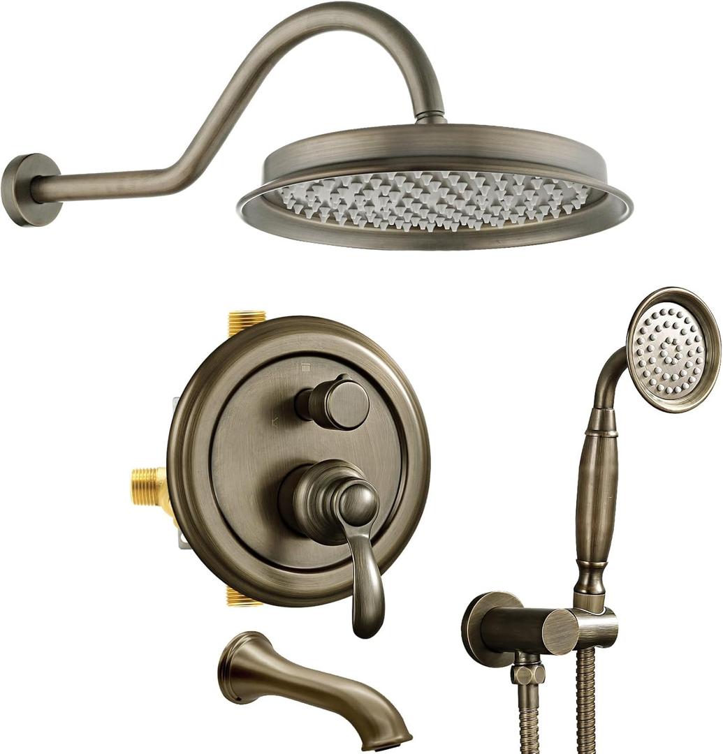 Antique-Brass Shower-system with Tub Spout: 9 inch Rain Faucets Set in Wall, Rainfall Head and Handheld Spray, 3 Way Diverter Brass Valve with Trim Kit