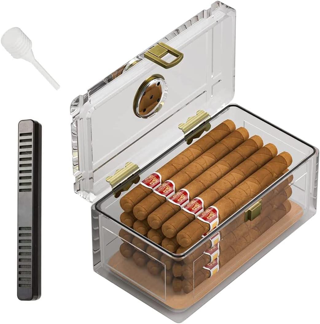 TISFA Acrylic Cigar Humidor with Humidifier and Hygrometer, Desktop Cigar Case Box that can Hold About 15-20 Cigars (S)