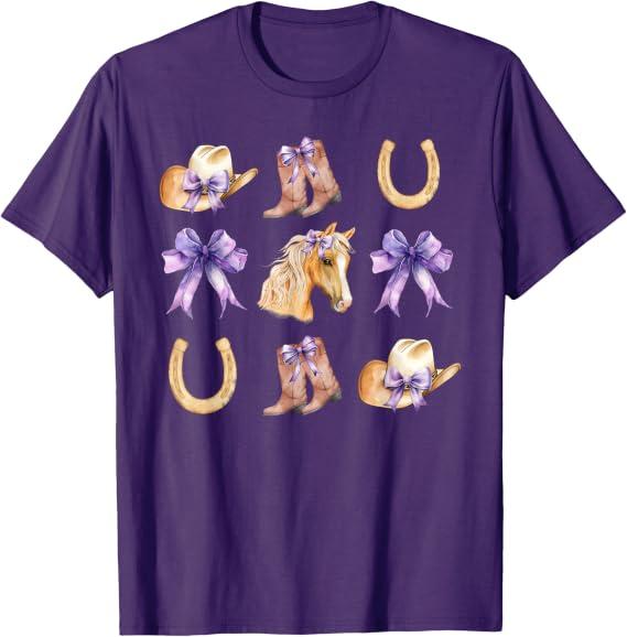 Western Girl Country Rodeo Purple Cowgirl Horse Coquette Bow T-Shirt, M