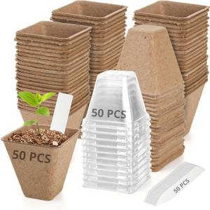 2 x 50-Set Seed Starter Kit (150 PCS Total), 3" Square Biodegradable Peat Pots with 50 Humidity Domes & 50 Labels, Nursery Pots for Fall Garden & Indoor Herb Seedlings Germination, Small