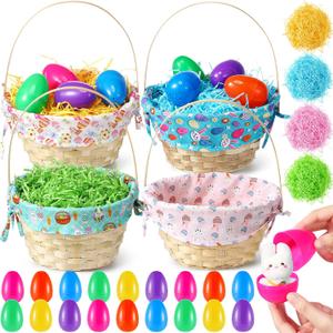 4 Sets Bamboo Woven Easter Baskets with Liners and Handle-10.8 x 8.7 x 4.95 Inch, Bulk Fillable Empty Easter Eggs and Raffia Grass for Spring Picnic Bunny Party Favors (Colorful)