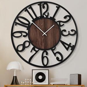1st owned Wall Clock for Living Room -16" Silent Non Ticking,Battery Operated,Black Metal, Antique Wood Clocks for Farmhouse,Dining Room,Bedroom,Kitchen Clock Wall Decor- Arabic Numerals