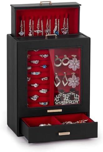 Homde Jewelry Organizer Girls Women Jewelry Box for Necklaces Rings Earrings Gift Bracelets Storage Case (Black + Red + Gold)