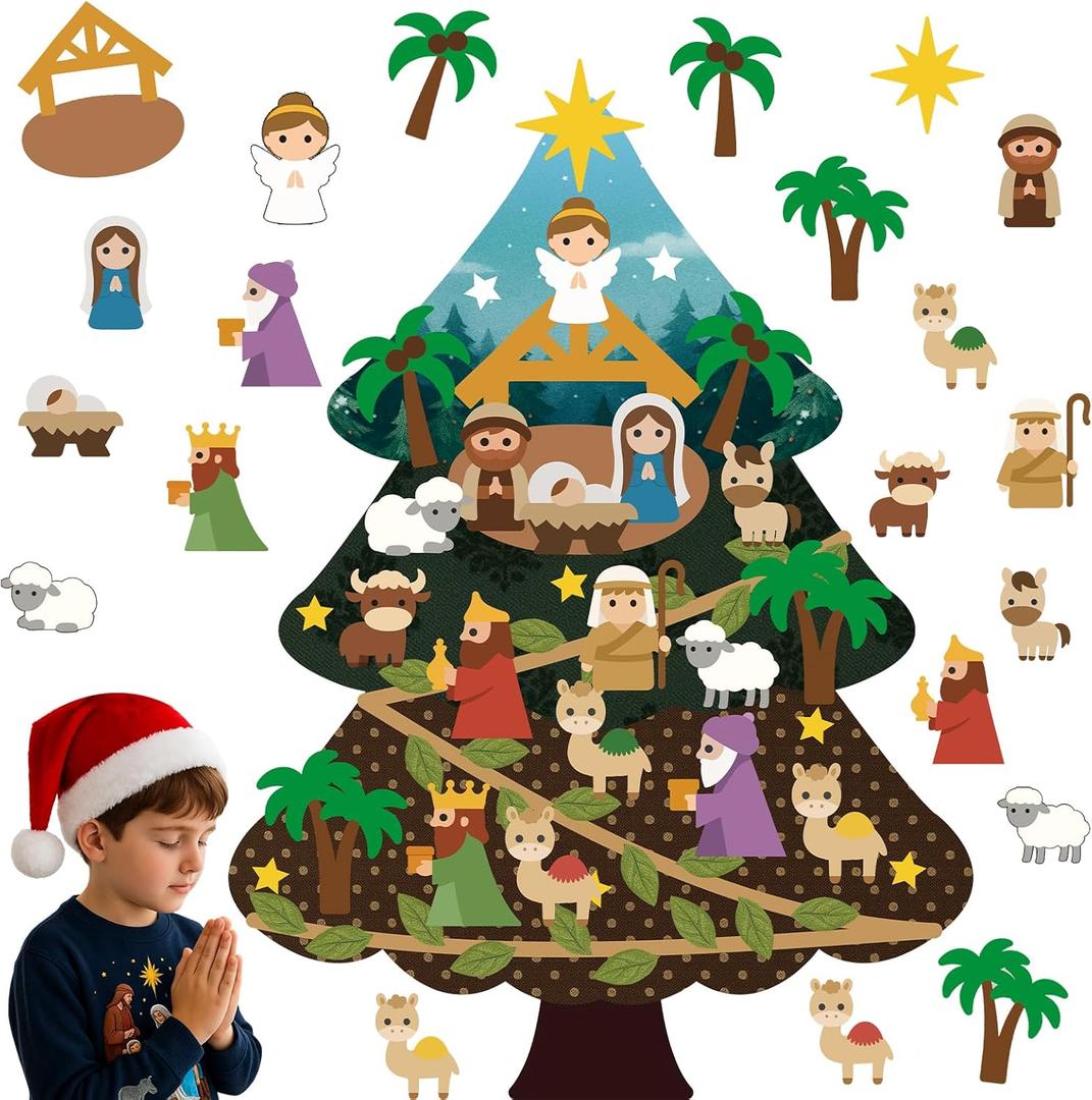 Mindsoft DIY Felt Christmas Tree Set for Toddlers 3 ft Felt Nativity Set for Kids with 20 Detachable Ornaments Christmas Wall Hanging Ornaments Decorations Party Favors Boys Girls Gifts