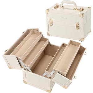 Joligrace Makeup Train Case Large Portable Cosmetic Makeup Storage Box Organizer Lockable with 4 Tray Compartments Retro Champagne Beige Vegan Leather (Long Tray Version)