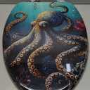 Elongated Toilet Seat Teal Blue Ocean Octopus Coral Reefs Art Resin Toilet Seat Easy to Install Quietly Close Quick Release Hinges Decorative Toilet Seat with Cover