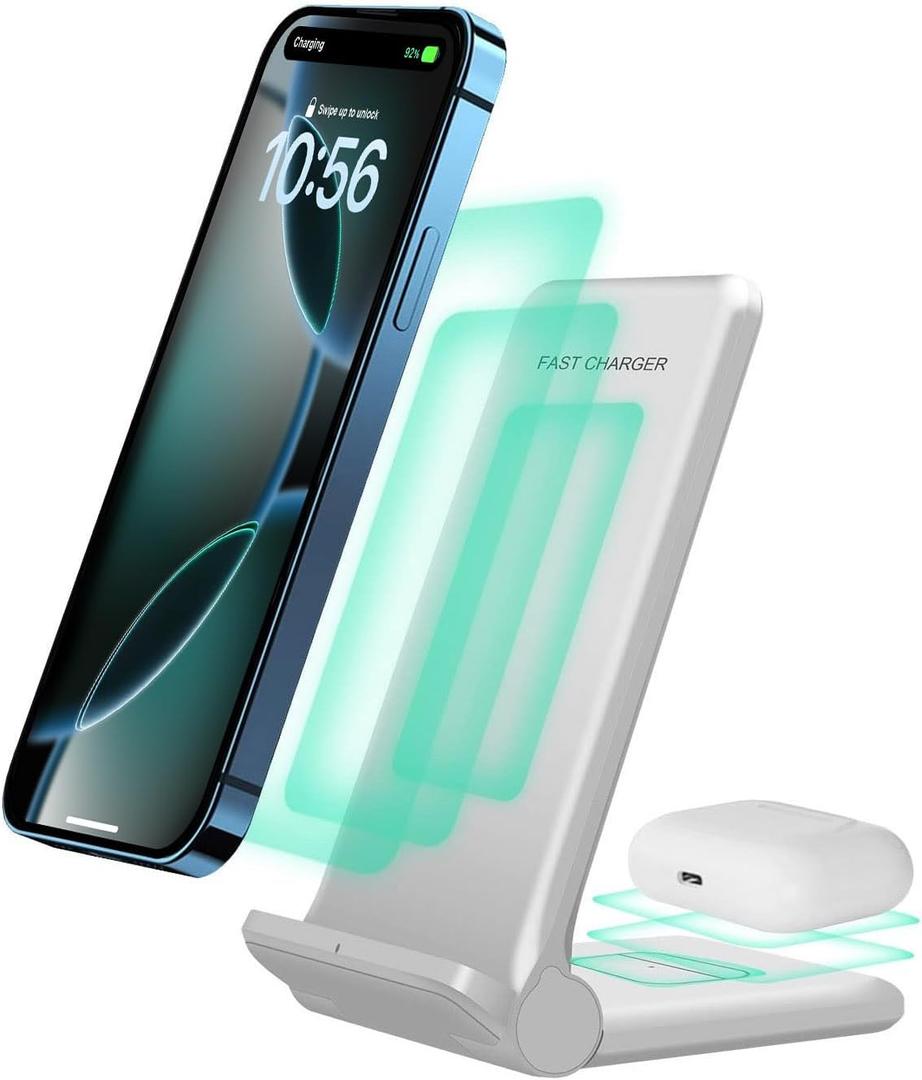 2 in 1 Wireless Charger,Foldable 20W Fast Wireless Charging Stand Compatible with iPhone 16/16 Pro/15/14/13/12/X/AirPods,Dual Phone Induction Charge Station for Samsung,Pixel,Xperia,LG(No Plug) (White)