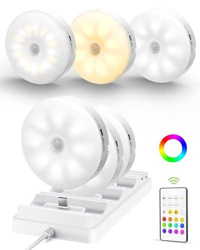 EZVALO Under Cabinet Lighting with Charging Station,1000mAh Rechargeable Puck Lights with Remote, 3 Color Temps & 12 RGB Closet Lights, Dimmable Motion Sensor Lights for Shelf, Kitchen (6 Packs)