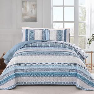 WONGS BEDDING Boho Quilt Set Super King Size, Blue Bohemian 3 Pieces Quilt Sets, Lightweight Bedspread Coverlet Bedding Set for All Season (120"x114")