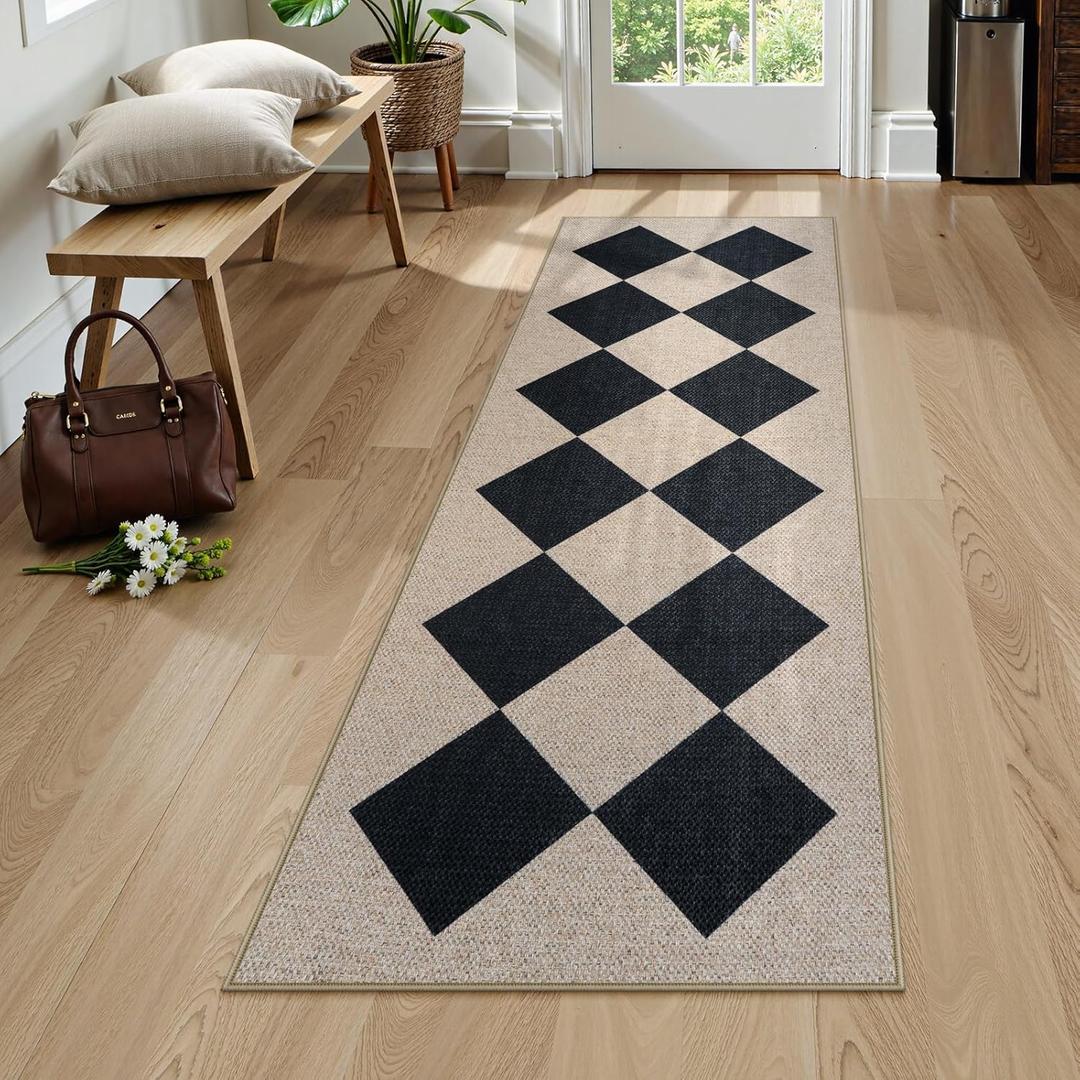 Collive Checkered Easy Jute Outdoor Runner Rug, 2 x 6 Washable Runners for Hallways Woven Farmhouse Kitchen Runner Rug Non Slip, Geometric Diamond Indoor Outdoors Carpet for Porch Entryway Backyard (Black/Checkerboard)