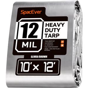 Tarp Heavy Duty 10x12 FT, 12 Mil Thick Large Tarps Water-Proof with Grommets, UV& Tear Resistant, Plastic Cover for Pool Roof Tent Outdoor Firewood, Silver/Brown