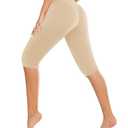 DHSO Women's Knee Length Capri Leggings – High Waisted Capri Pants Workout Yoga Running Summer Biker Shorts Light Khaki Small-Medium
