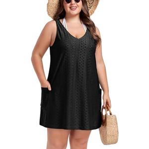 ZOMVA 2025 Women's Plus Size 0X-4X Swimsuit Coverup with Pockets Sleeveless Bikini Beach Cover Up Dress Outfits Swimwear 4XL