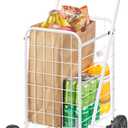 Whitmor Folding Utility Shopping Cart with Wheels, Heavy Duty Metal Grocery Cart, Portable Foam Handle, Rolling Collapsible Trolley for Groceries, Laundry, Storage, White