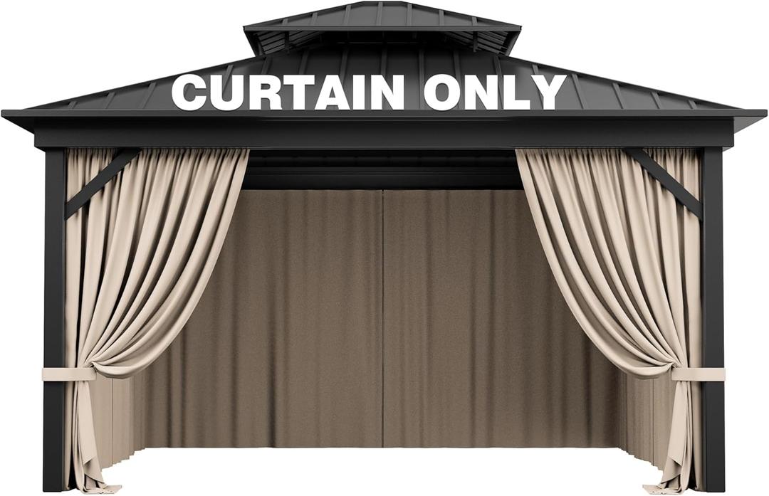 Outdoor Gazebo Curtain Replacement Universal 4-Panel Sidewalls 12' X 12',Outdoor Patio Waterproof Privacy Curtain with Double Zipper for Patio, Canopy, Garden, and Backyard (Curtain Only) (Khaki)