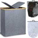 efluky Laundry Hamper with Lid, Double Laundry Hamper with 2 Removable Bags, 2 Section Laundry Basket with Bamboo Handles for Bathroom, Bedroom & Laundry Room, 140L (36.9 Gallon) Blue Grey