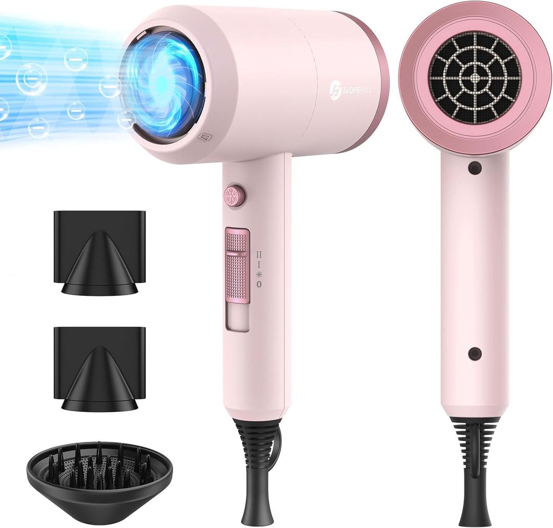 slopehill Professional Ionic Hair Dryer, Powerful 1800W Fast Drying Low Noise Blow Dryer with 2 Concentrator Nozzle 1 Diffuser Attachments for Home Salon Travel (Pottery Pink and Rose Gold)