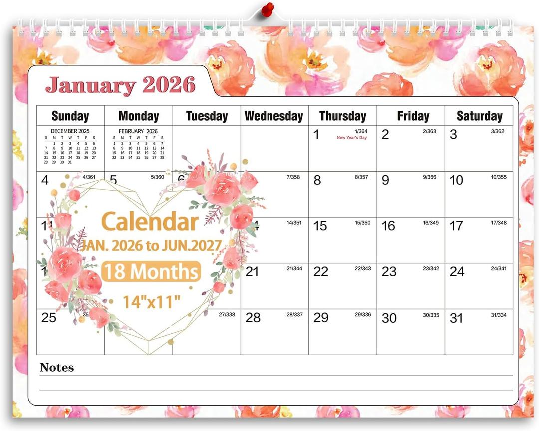 4 x Ymumuda Wall Calendar 2026-2027,11"14", 18 Months from JAN. 2026 to JUN. 2027, Hanging Calendar Spiral Binding, Unique Monthly Calendar for Easy PlanningPerfect for School Office Work Schedule (Pink Floral)