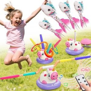 3 in 1 Unicorn Rocket Launcher, Ring Toss & Musical Jump, Outdoor Jumping Spinning Toy for Kids Ages 3-8, Indoor Active Play Set for Boys Girls, STEM Learning Birthday Gift for 3 4 5 6 7 8 Years Old (Multicolored)
