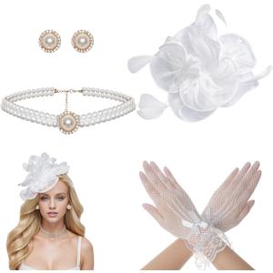 Heliltd 4Pcs Tea Party Fascinator Hat for Women Flower Fascinators for Women Feather Hat Lace Glove Pearl Jewelry Set (Standard, White)