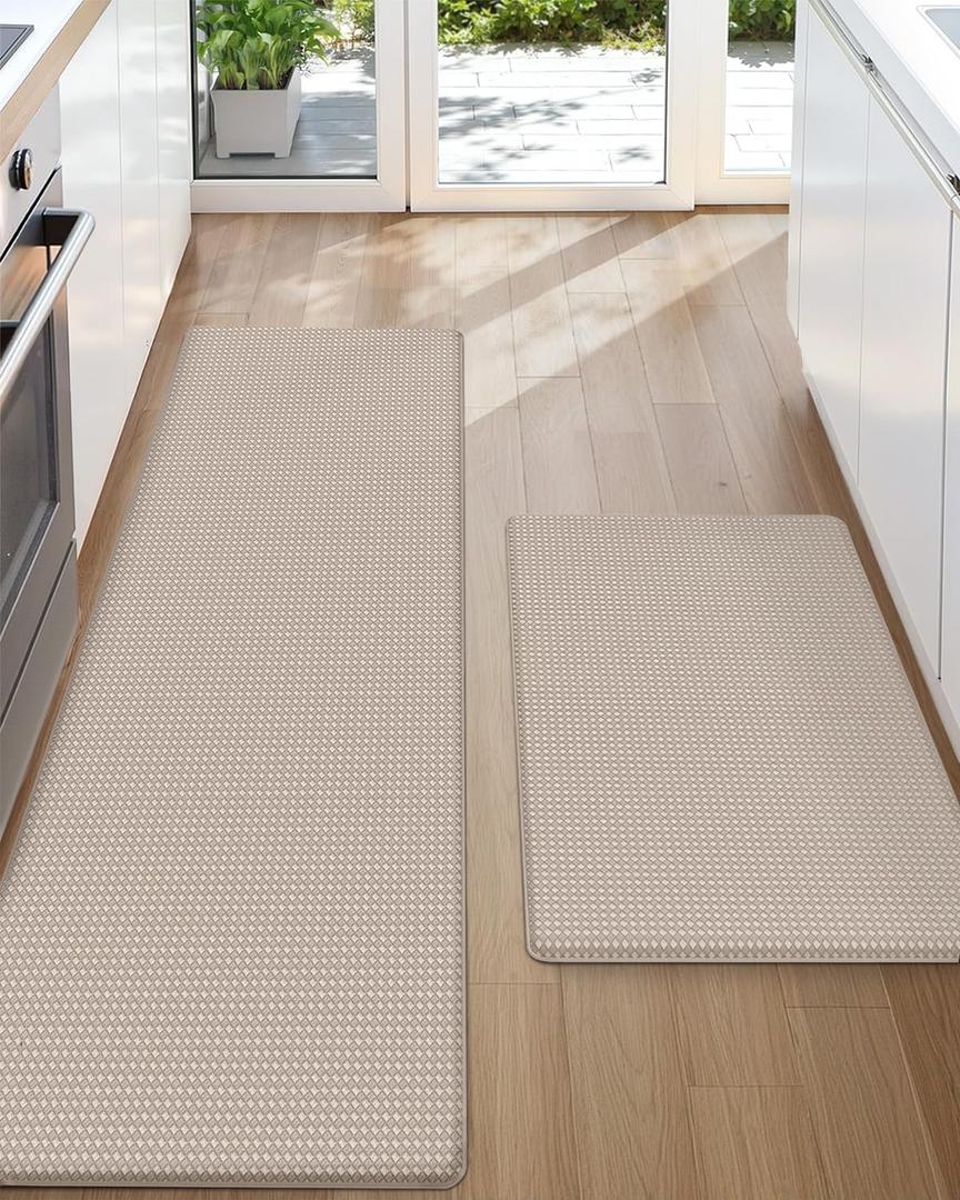 Color&Geometry Anti Fatigue Cushion Padded Kitchen Mat for Floor - 17x29+17x59,Easy Clean, Water & Oil Proof, Anti Slip, Foam Rubber Runner Rug for Front Sink Comfort Standing,Dark Beige Set of 2